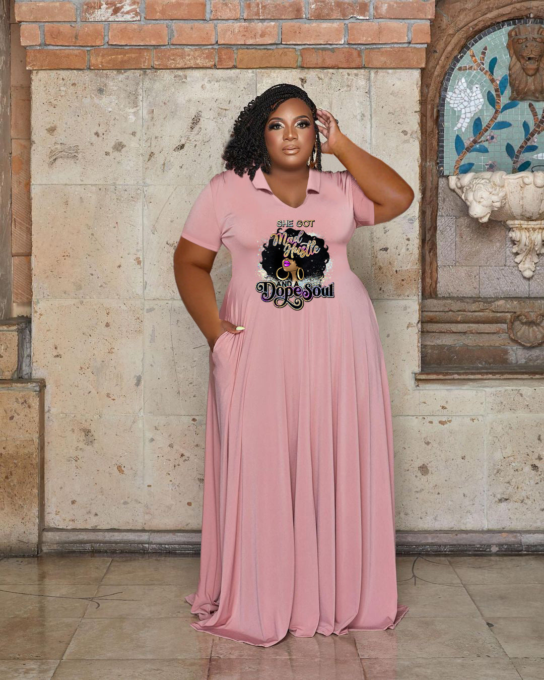 Plus Size Women Casual Turndown Collar Printed Short Sleeve Maxi Dress 4