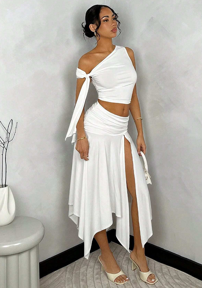 Women's Casual Slash Shoulder Top Slit Skirt Two-Piece Set