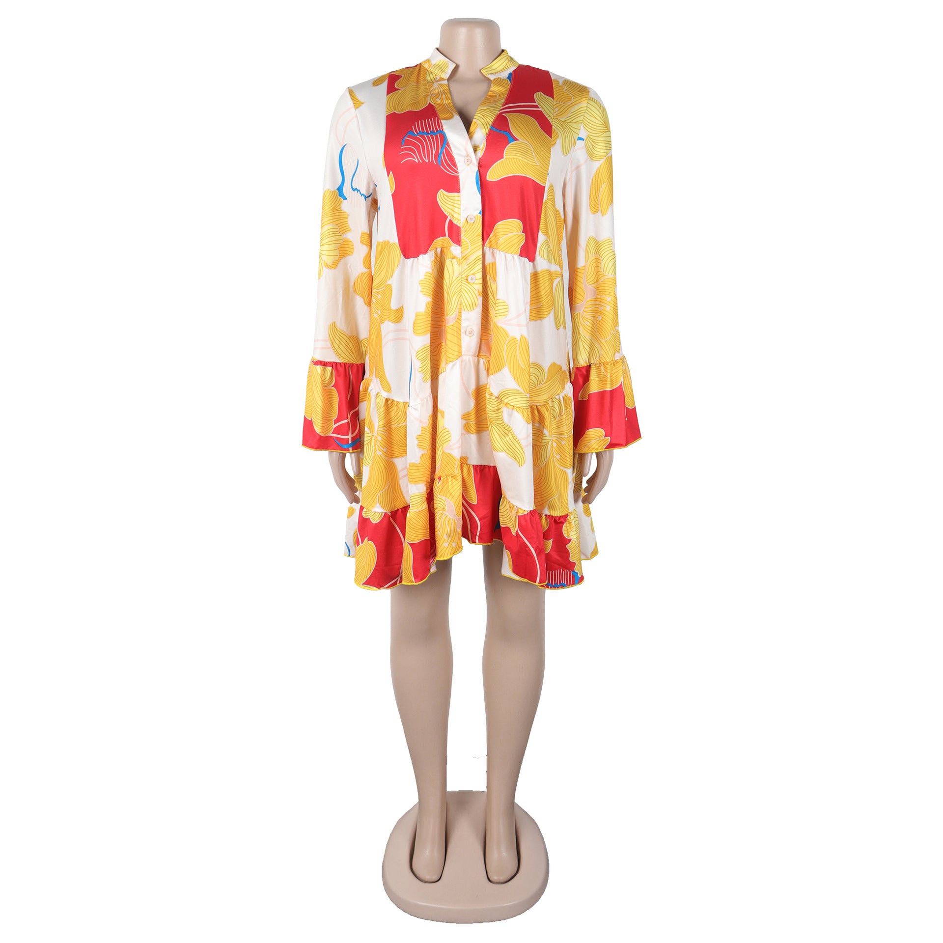 Women Elegant Floral Print V-Neck Patchwork Contrast Color Mini Dress 22