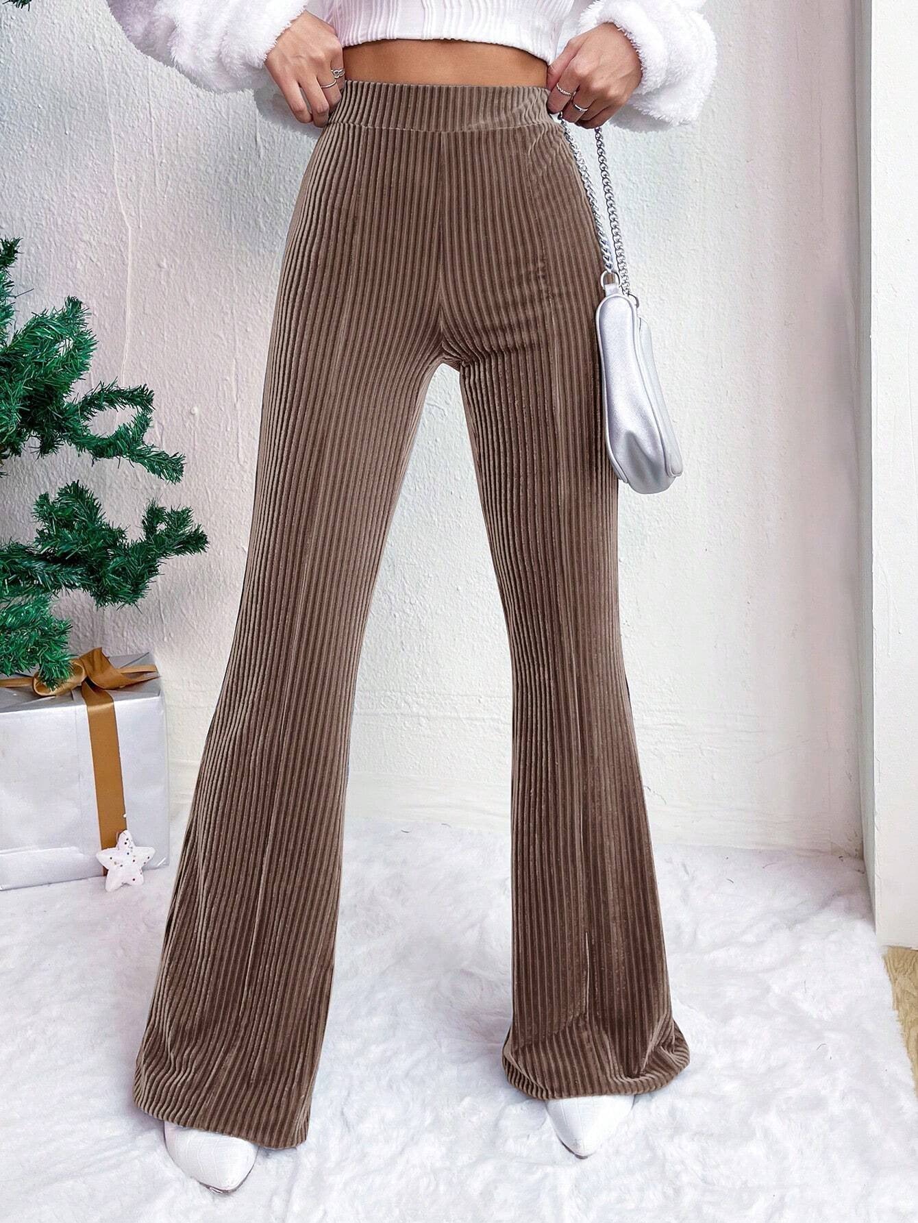 Autumn Winter Women High Waist Corduroy Bell Bottom Pants Solid Color Casual Wide-Leg Long Sweatpants 4