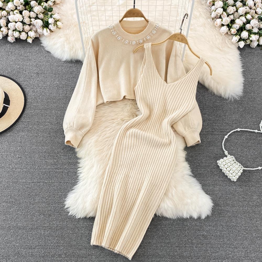 Autumn And Winter French Chic Beaded High-Waisted Sweater Dress Knitting Shirt Two-Piece Set 6