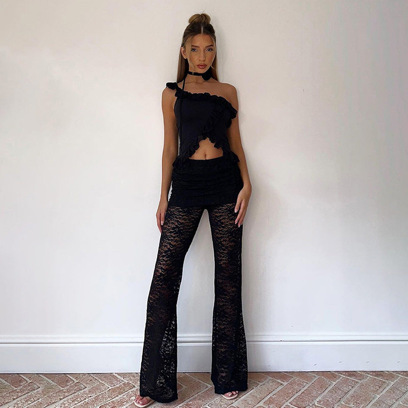 Women Sexy See-Through Lace Patchwork Trousers 8