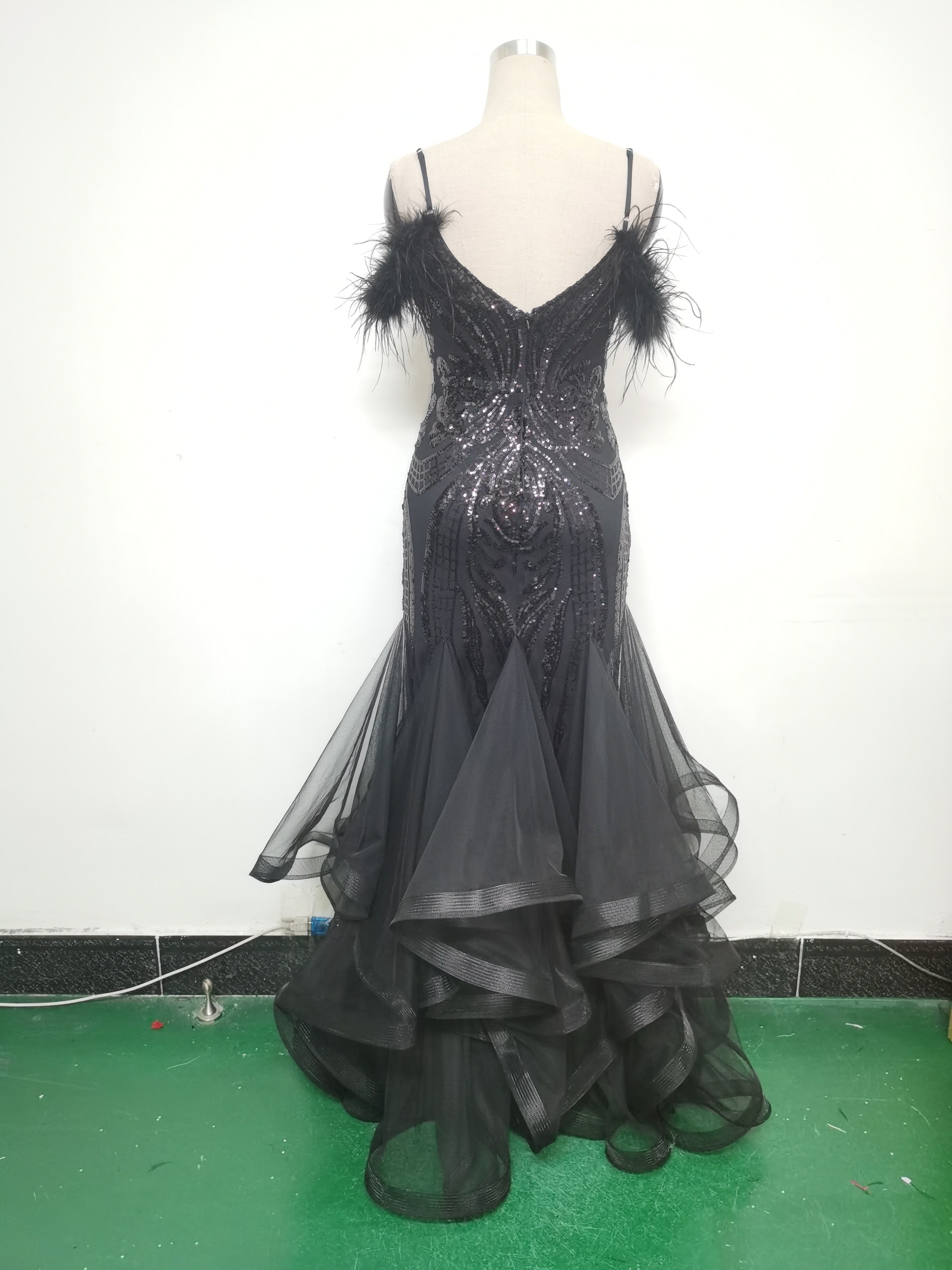 Women ostrich feather flower sequins patchwork mesh evening dress 30