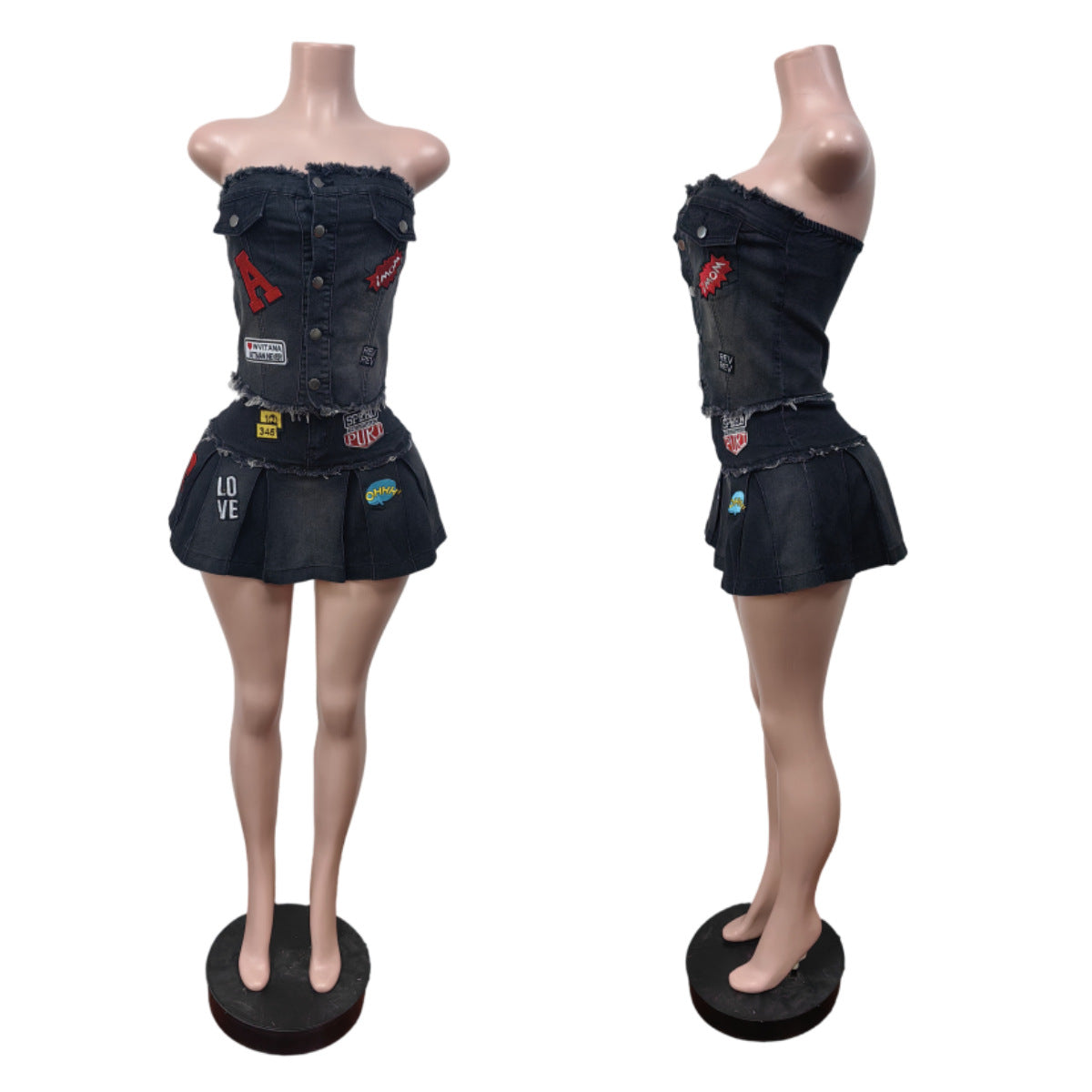 Women Stretchy Embroidered Strapless Top and Pleated Skirt Two-Piece Set 6