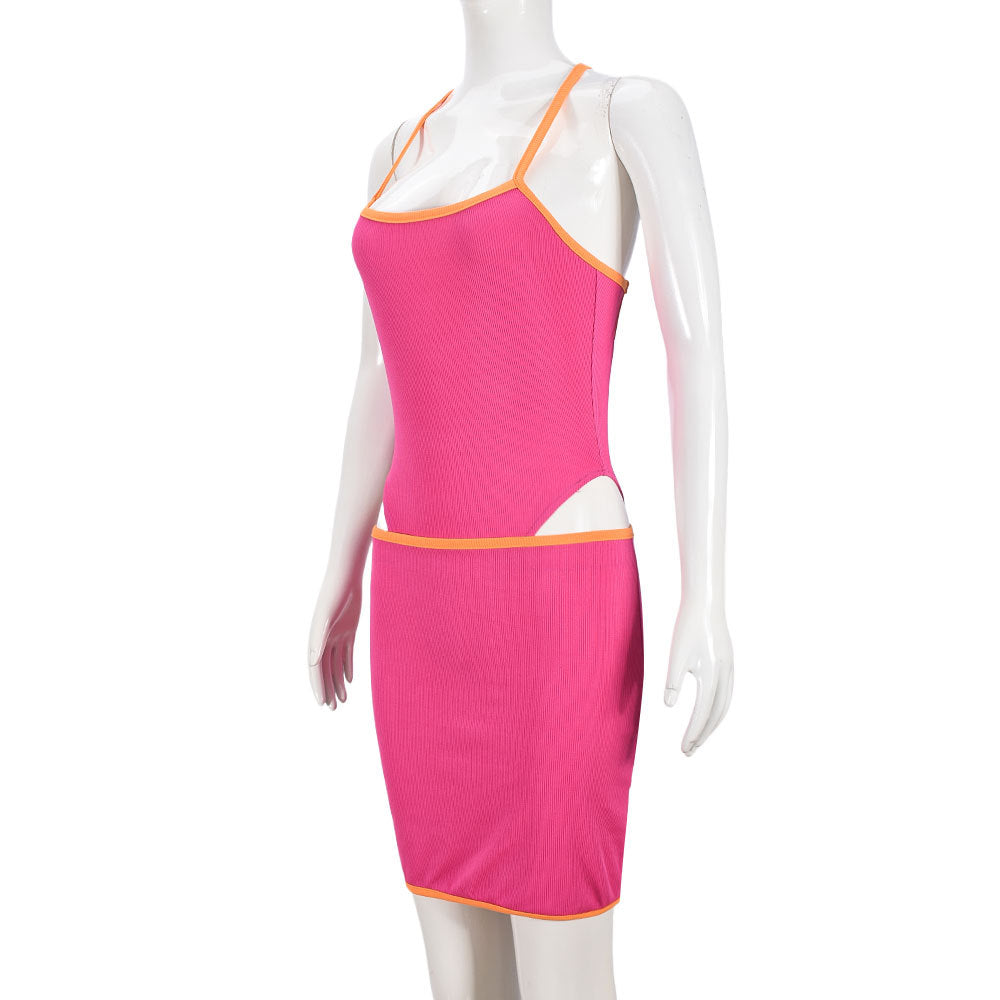 Autumn Slim Contrast Low Back Bodysuit Skirt Two Piece Set 9