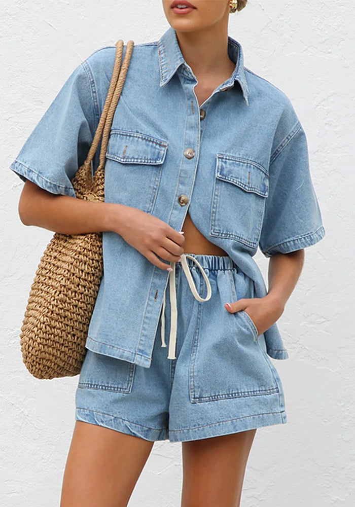 Women Retro Casual Pocket Short Sleeve Shirt and Denim Shorts two-piece set