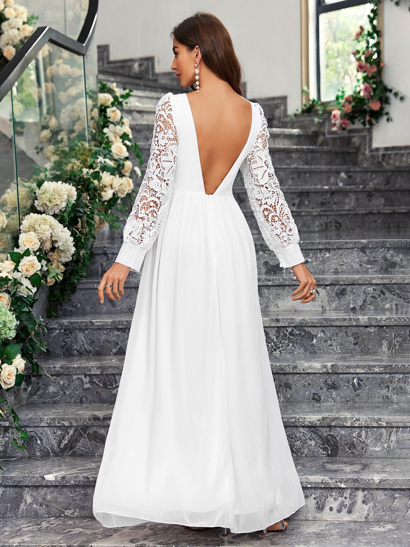 Spring Elegant V-Neck Low Back Long Sleeve Slit Women's Wedding Dress 3