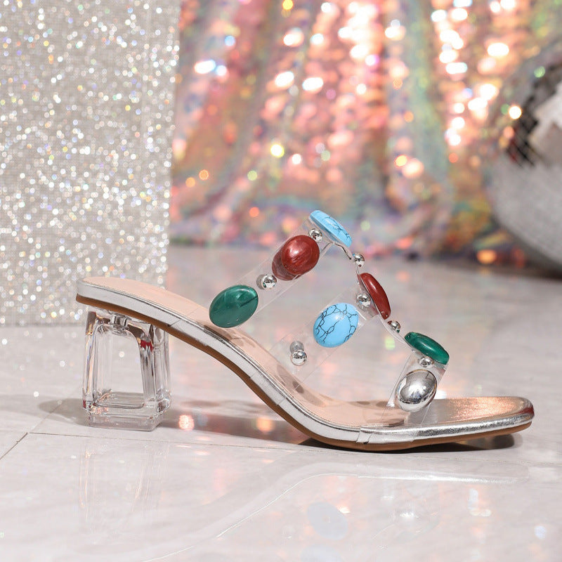 Women transparent crystal heel outdoor sandals 6