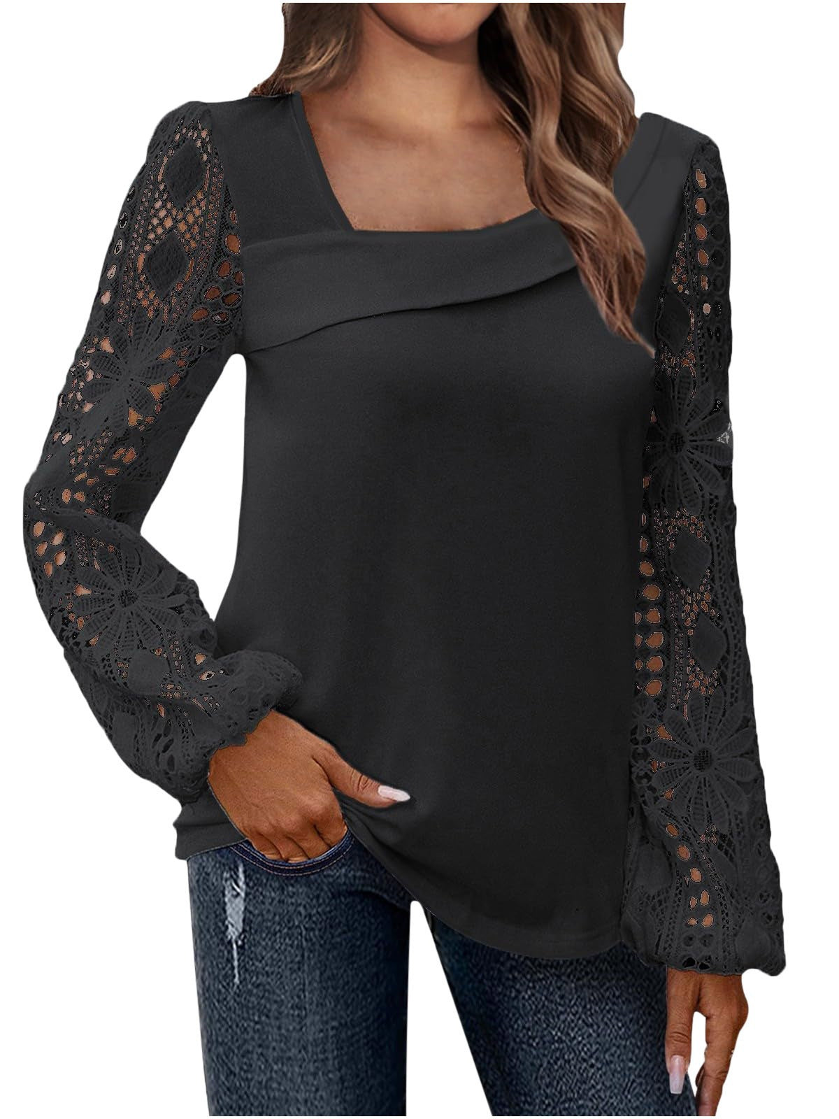 Women's Spring And Autumn Fashionable Elegant Lace Patchwork Knitting Shirt Top 7