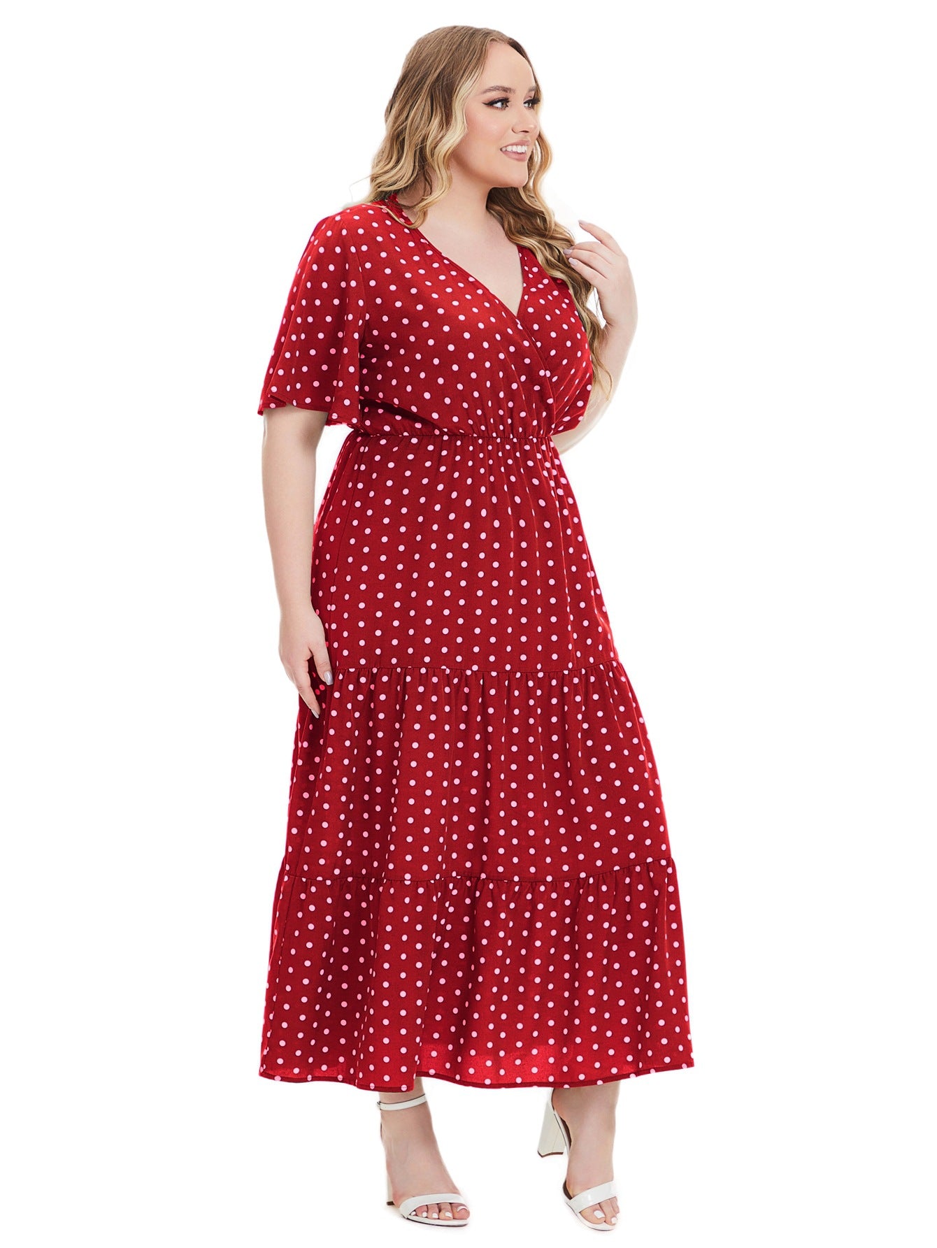 Plus Size Women Summer V Neck Polka Dot Short Sleeve Dress 15
