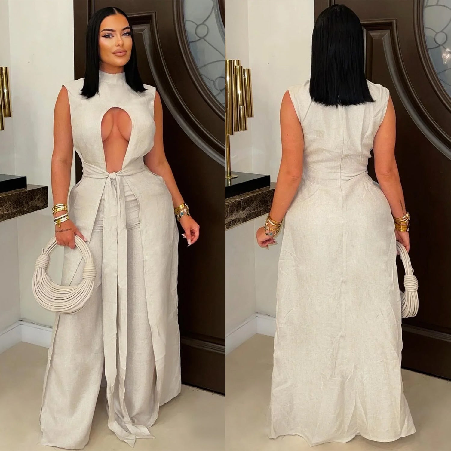 Women sexy solid lace-up sleeveless top and Pant Two Piece Set 3