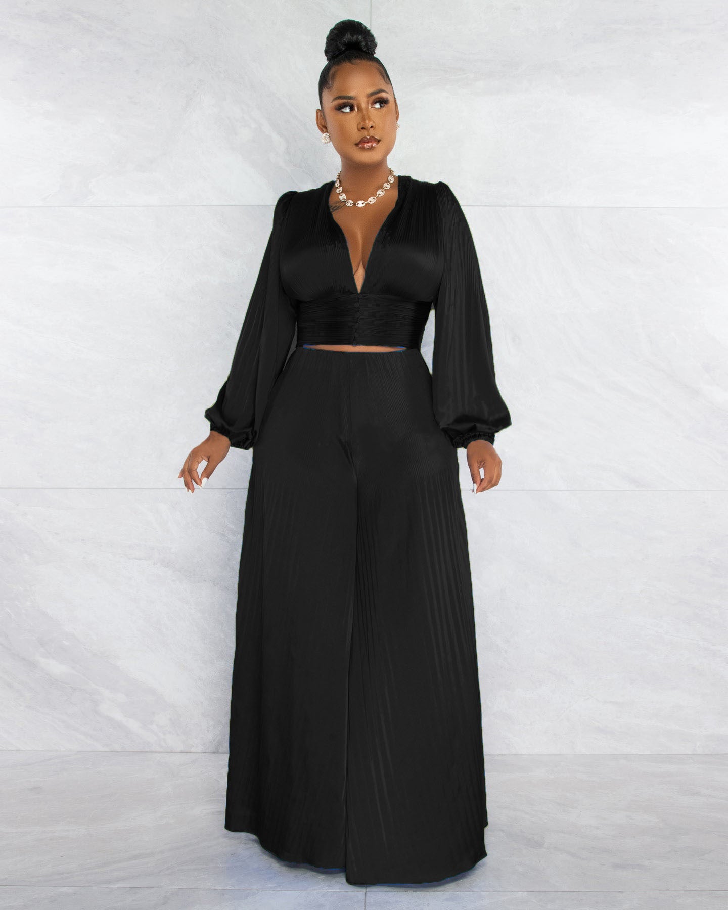 Women sexy pleated v-neck top and wide-leg pants two-piece set