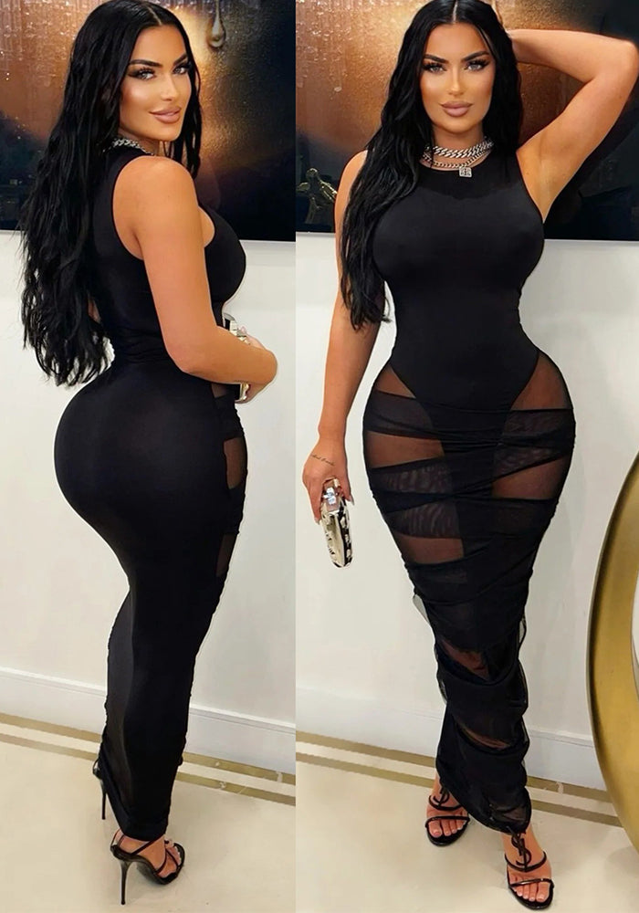 Women Sexy Nightclub See-Through Mesh Patchwork Dress
