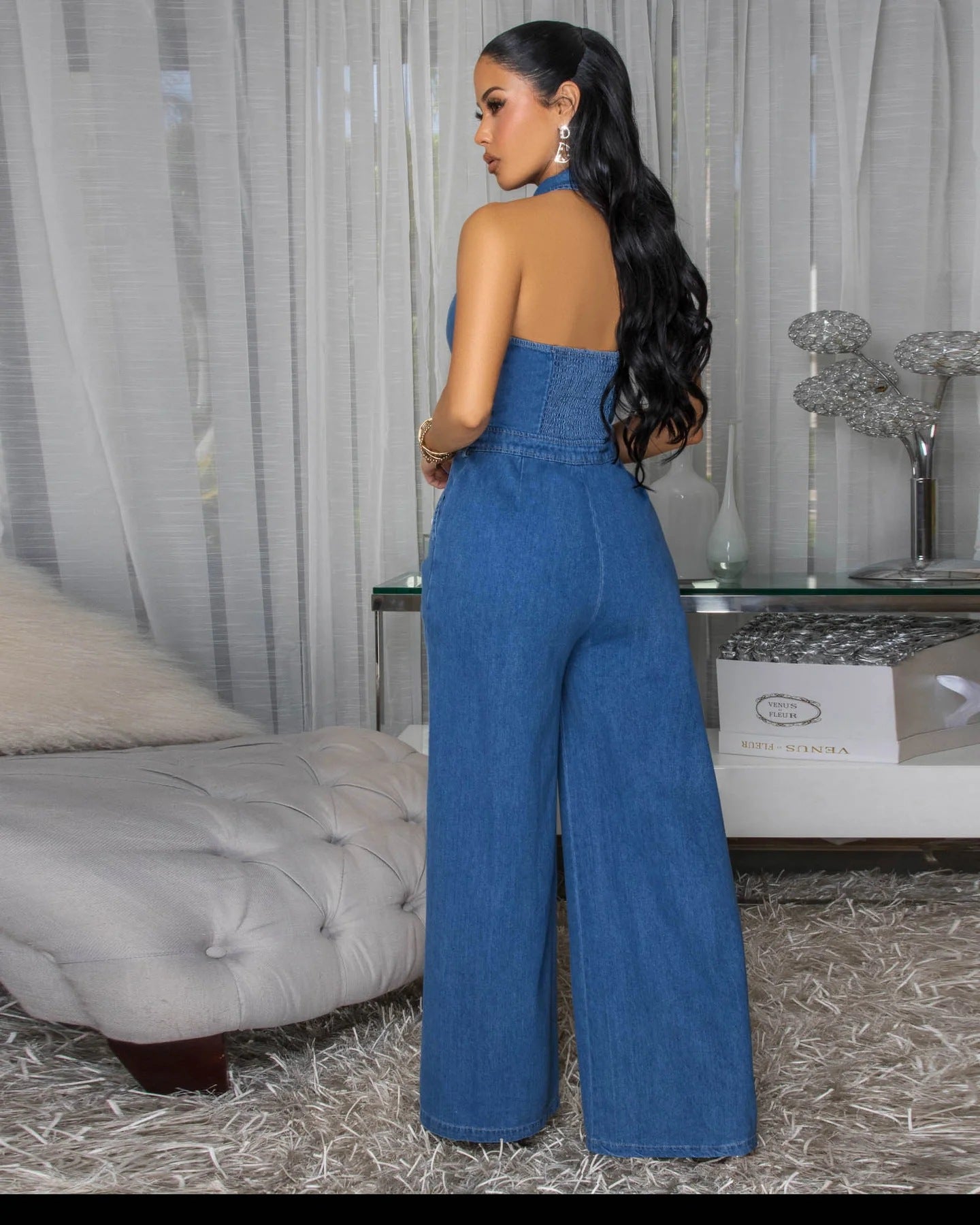 Women's Fashion Sexy Low Back Turndown Collar Halter Sleeveless Wide-Leg Denim Jumpsuit 4