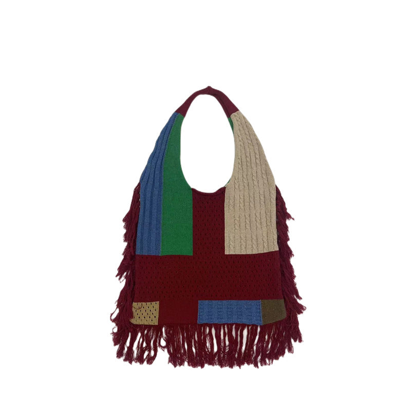 Fringed Women Patchwork Knitting Handbag Single Shoulder Bag Retro Knitting Bag 12