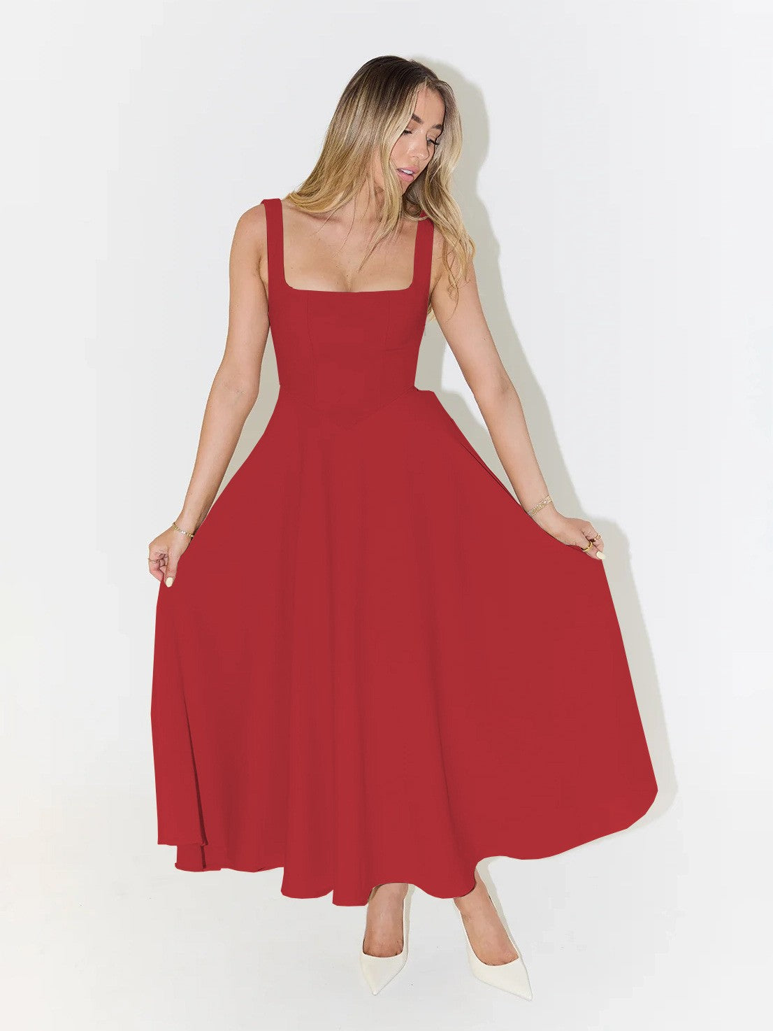 Spring Summer Square Neck Sleeveless Slim Waist Strap Dress 12