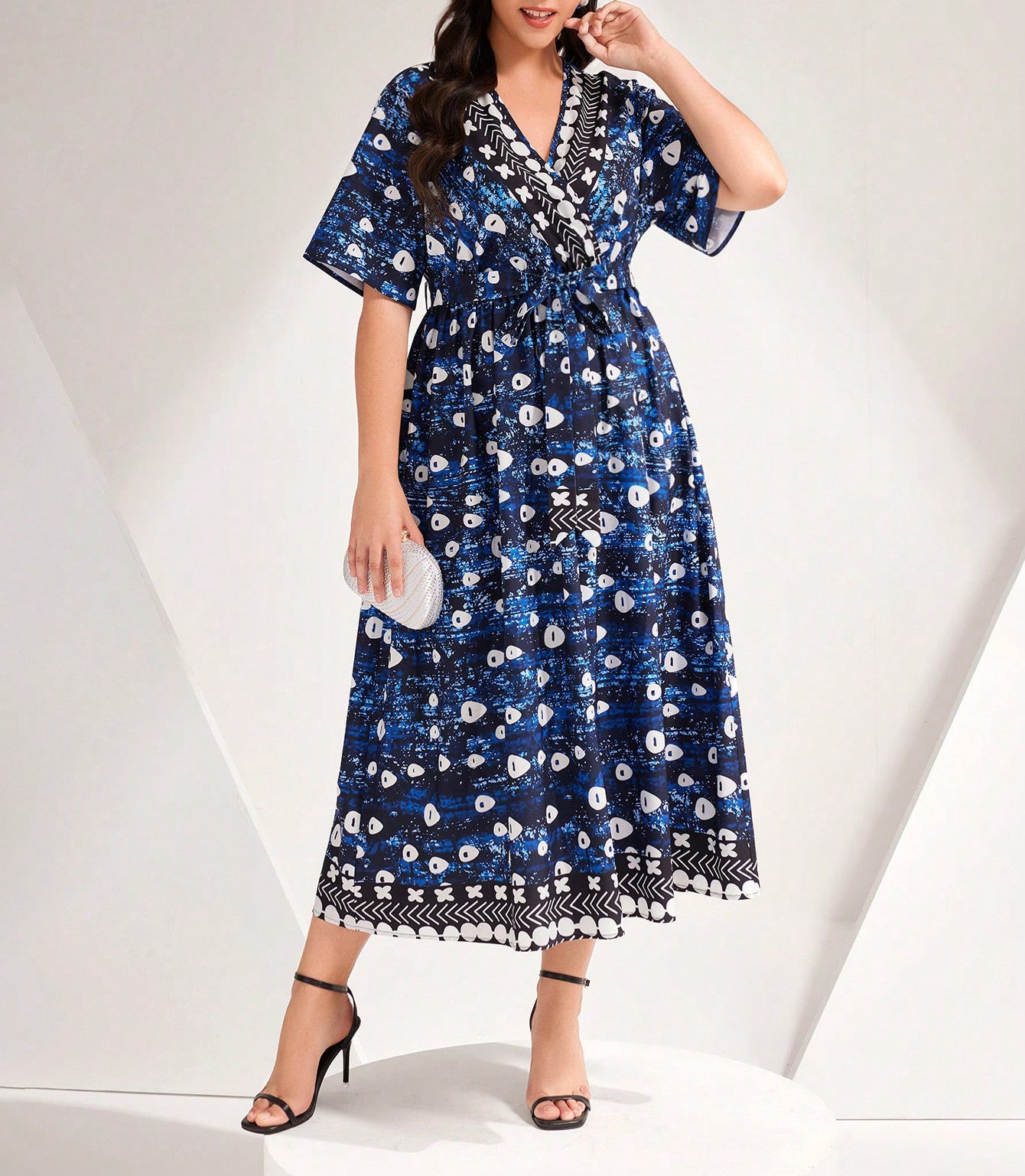 Women Spring Summer Blue Printed V-Neck Lace-Up Dress