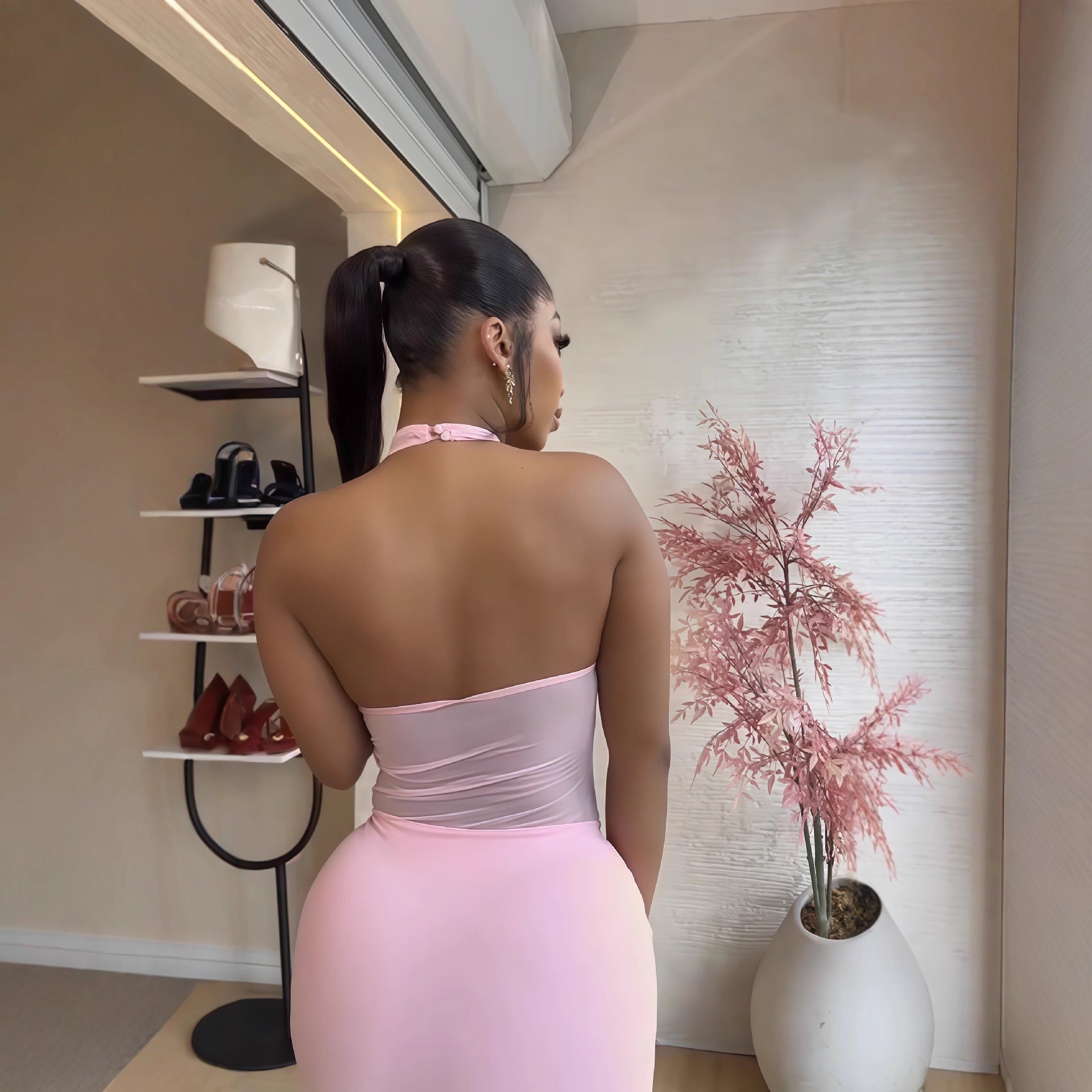 Women early fall solid sleeveless halter neck sexy bodycon mini dress. 3