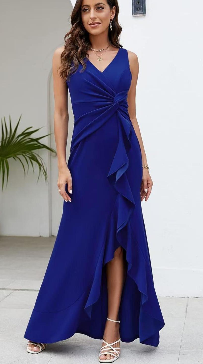 Women V-Neck Sleeveless Elegant Ruffle Slit Maxi Evening Dress 3