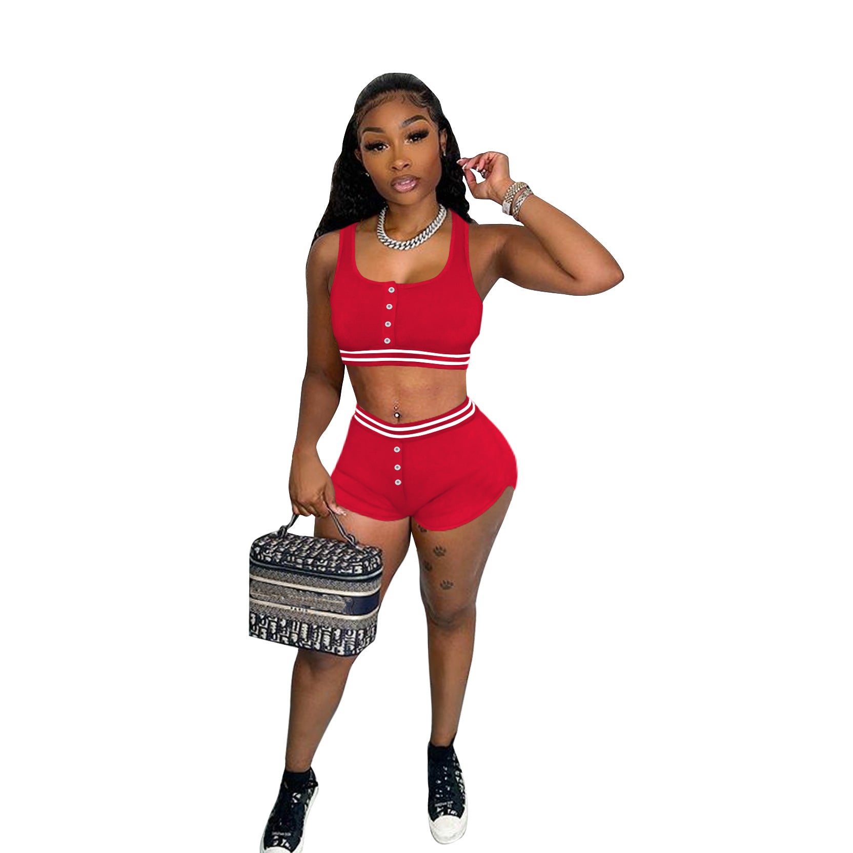 Ladies Solid Color Tank Top Shorts Sports Two Piece Set 13