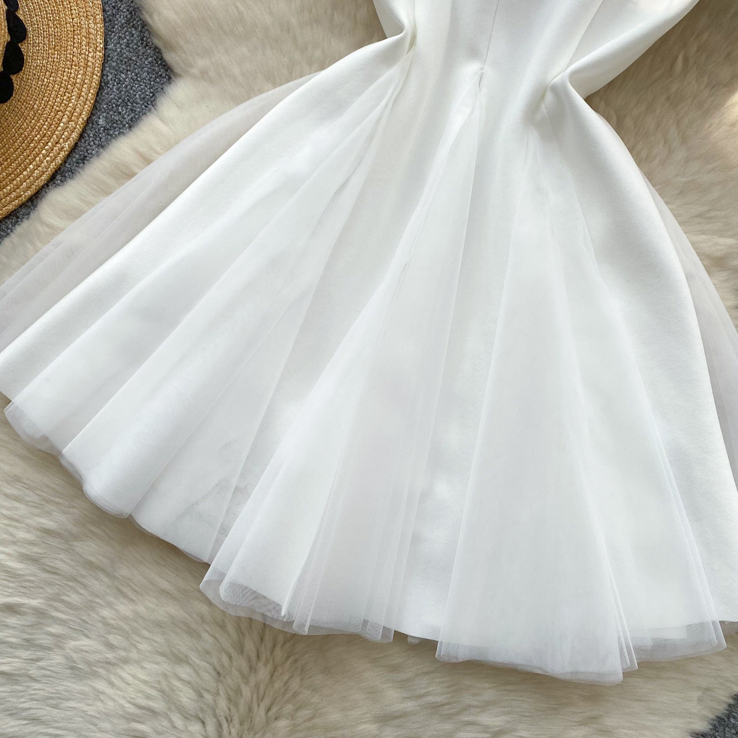 Women's Summer Square Neck Strap Mesh Patchwork Puffy Long Dress 26