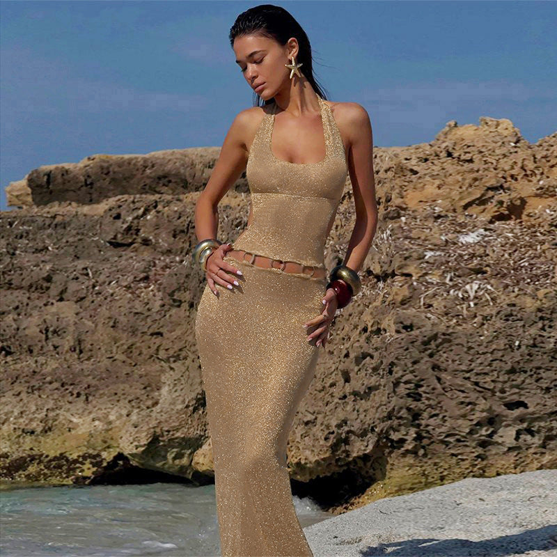 Metallic-Decorated Summer Hollow Slim Halter-Neck Low-Back Long Dress 4