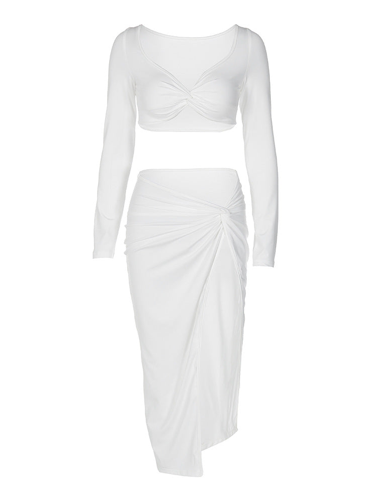 Women autumn sexy long-sleeved v-neck Top and high-waist slit Skirt two-piece set 6