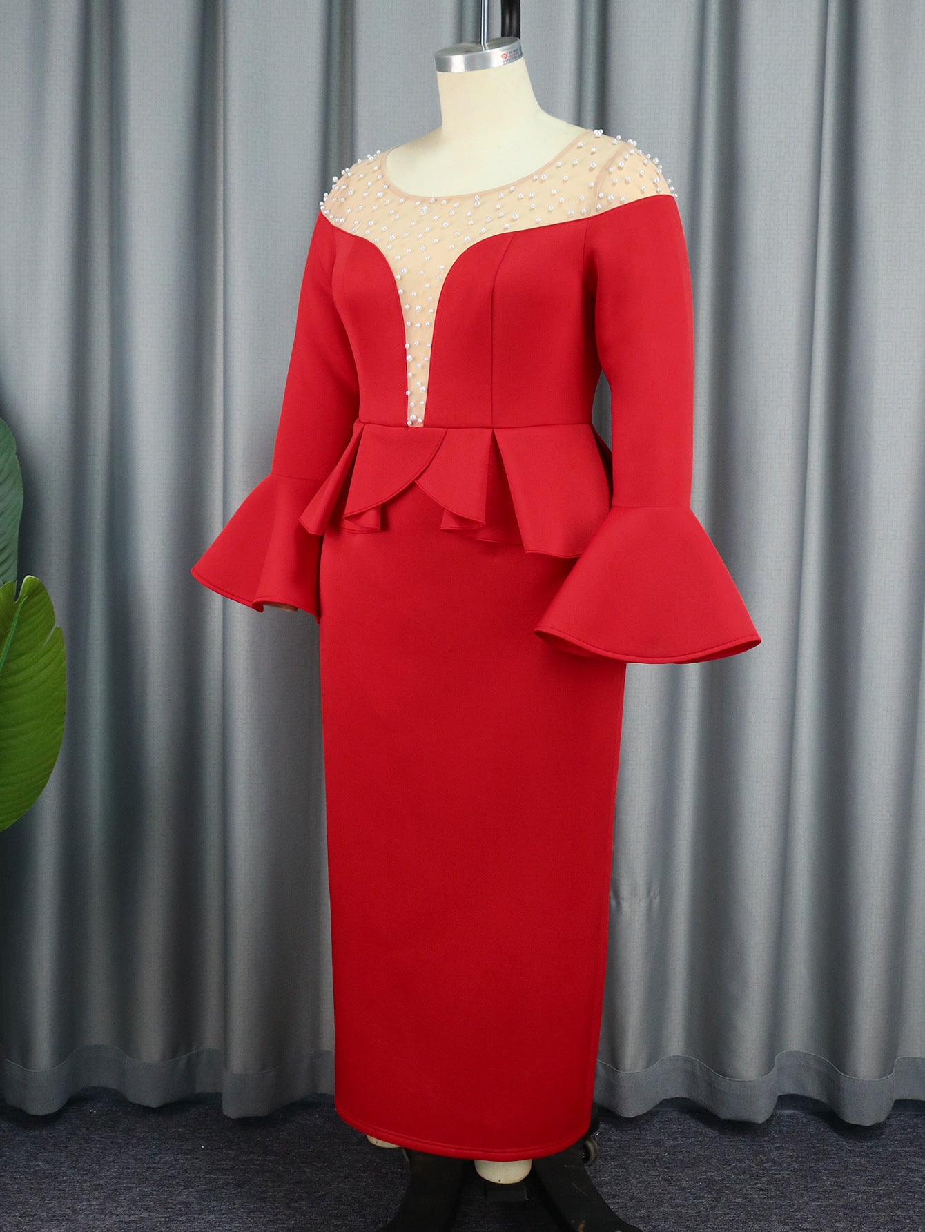 Round Neck See-Through Beaded Flare Sleeve Sexy Peplum Dress 9