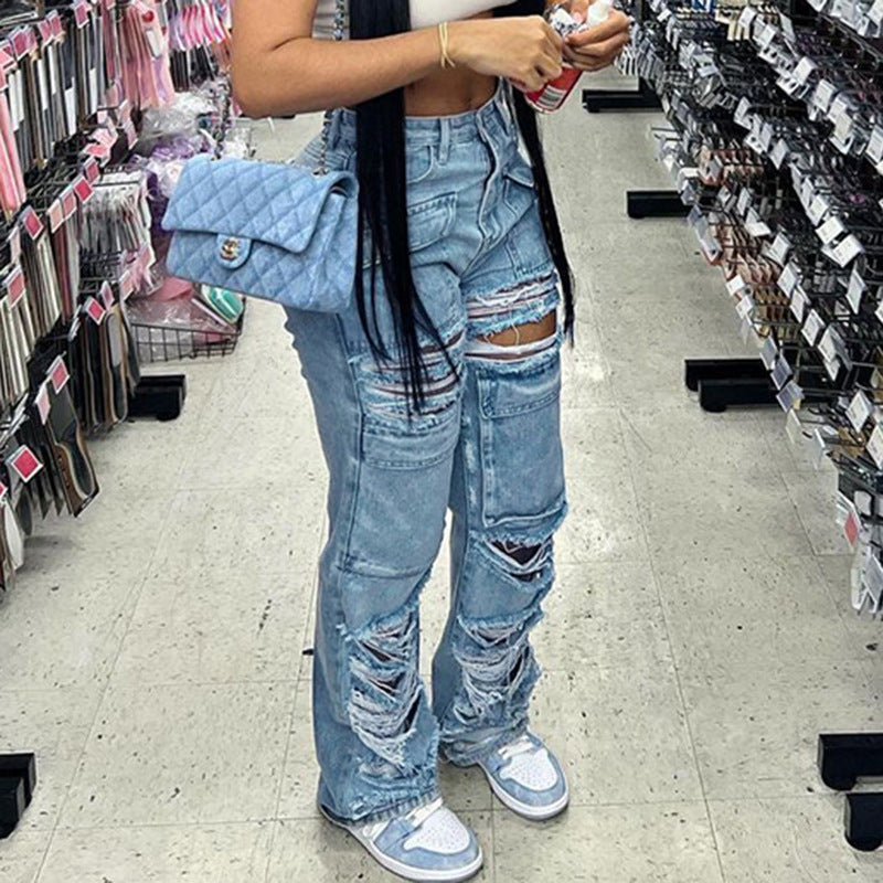 Street Ripped Pocket Patchwork Denim Straight-Leg Pants 5