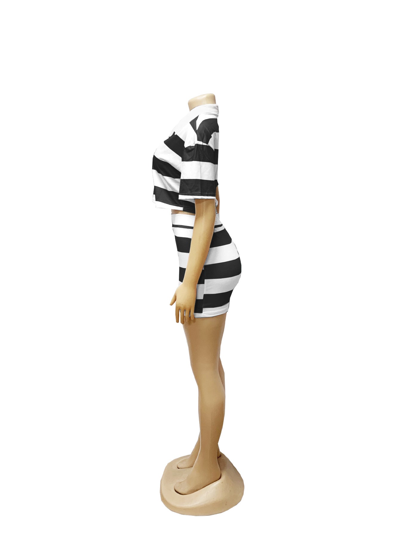 Women Striped Contrast Turndown Collar Crop Top and Bodycon Skirt Two-Piece Set 13