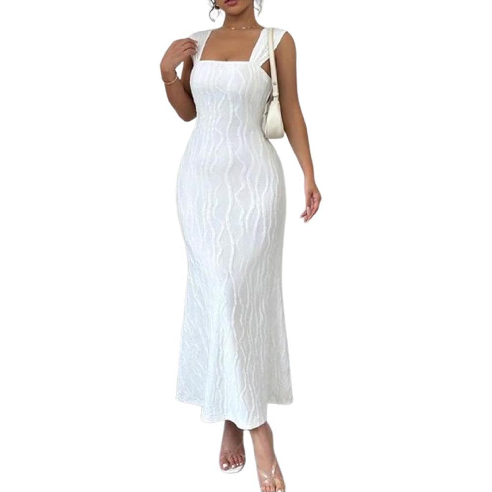 Striped Sexy Square Neck Strappy Low Back Long Dress 8