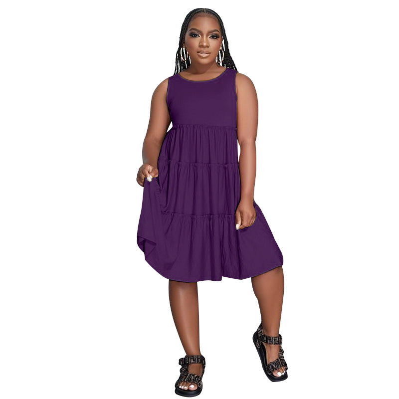 Summer Solid Round Neck Sleeveless Casual Women's Fashion Pleated Casual Dress 9