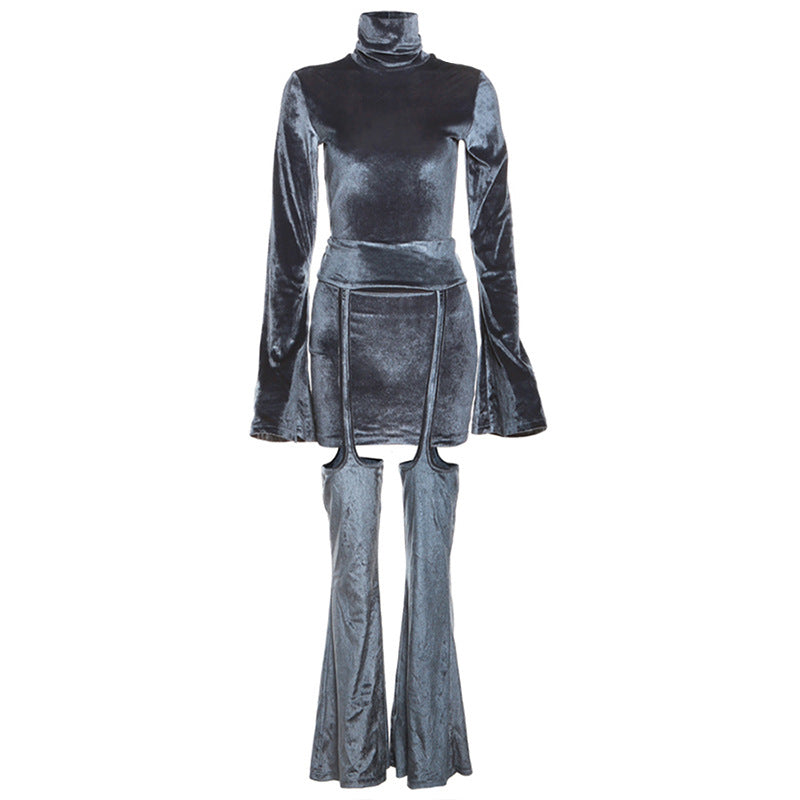Autumn Women's Sexy Velvet Turtleneck Dress High Waist Straps Bell Bottom Pants Two Piece Set For Women 8