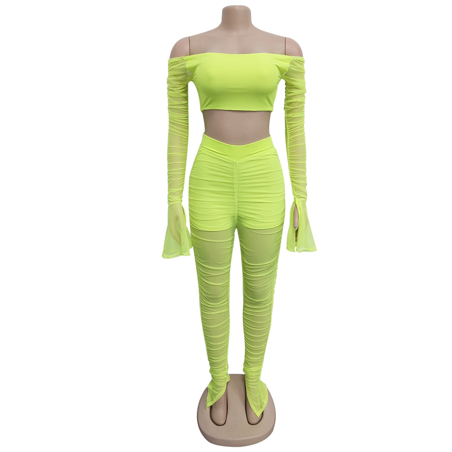 Women Sexy Solid Elastic Pleated Top and Pants Two-Piece Set 4