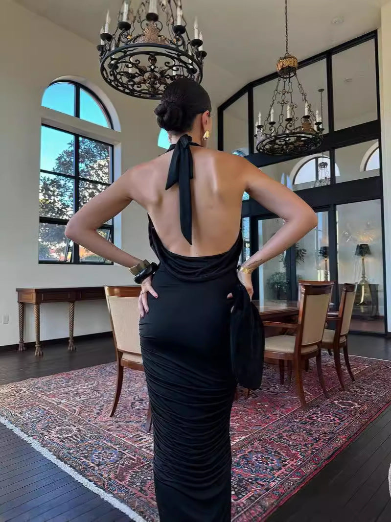 Summer Sexy Women's Halter Neck V-Neck Low Back Pleated Solid Color Chic Long Dress 6