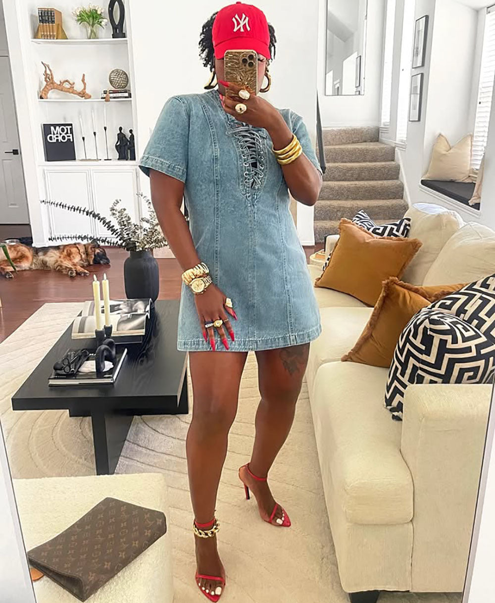 Women's Summer Street Fashion Lace-up Short-Sleeved Denim Dress 4