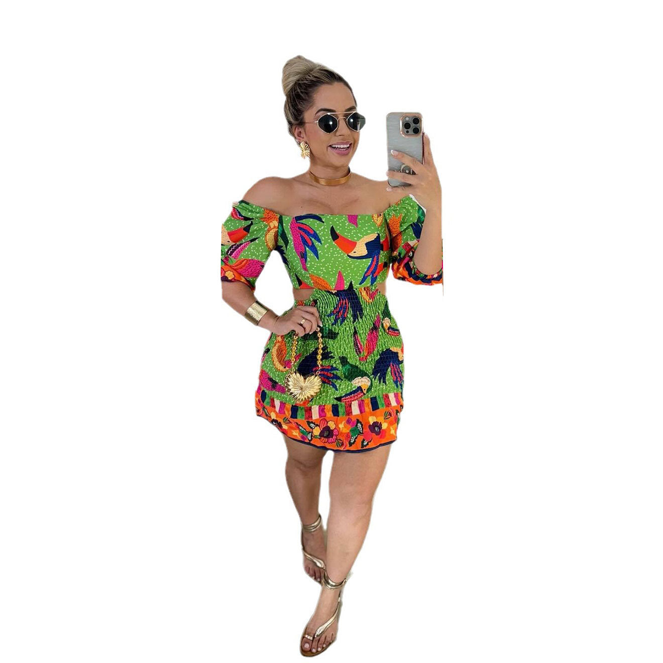 Women Printed Backless Balloon Sleeve Off Shoulder Two-Wear Dress 12