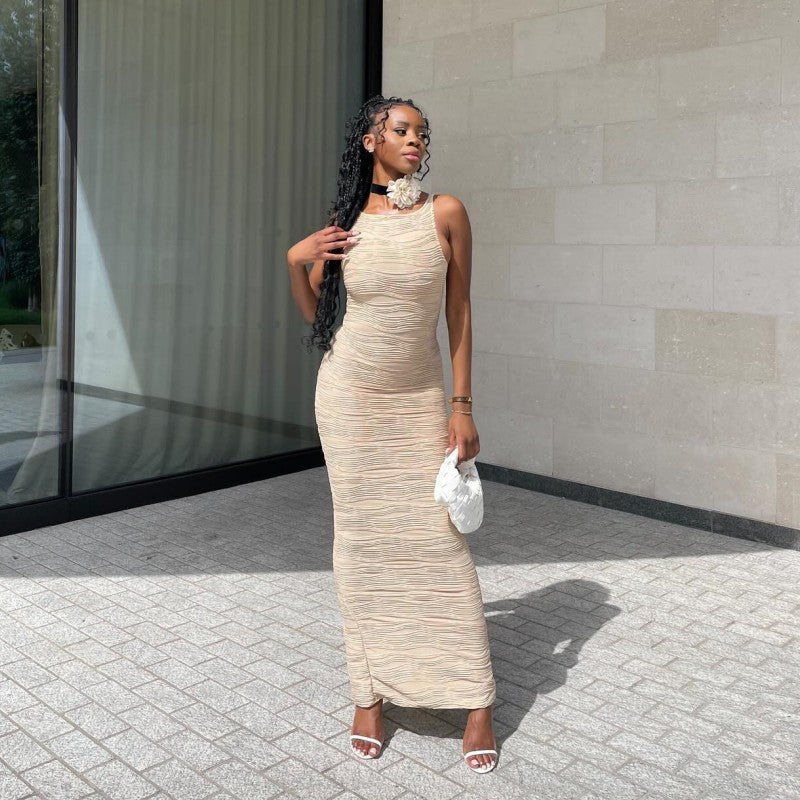 Women Summer Solid Sleeveless Sexy Water Ripple Dress 3