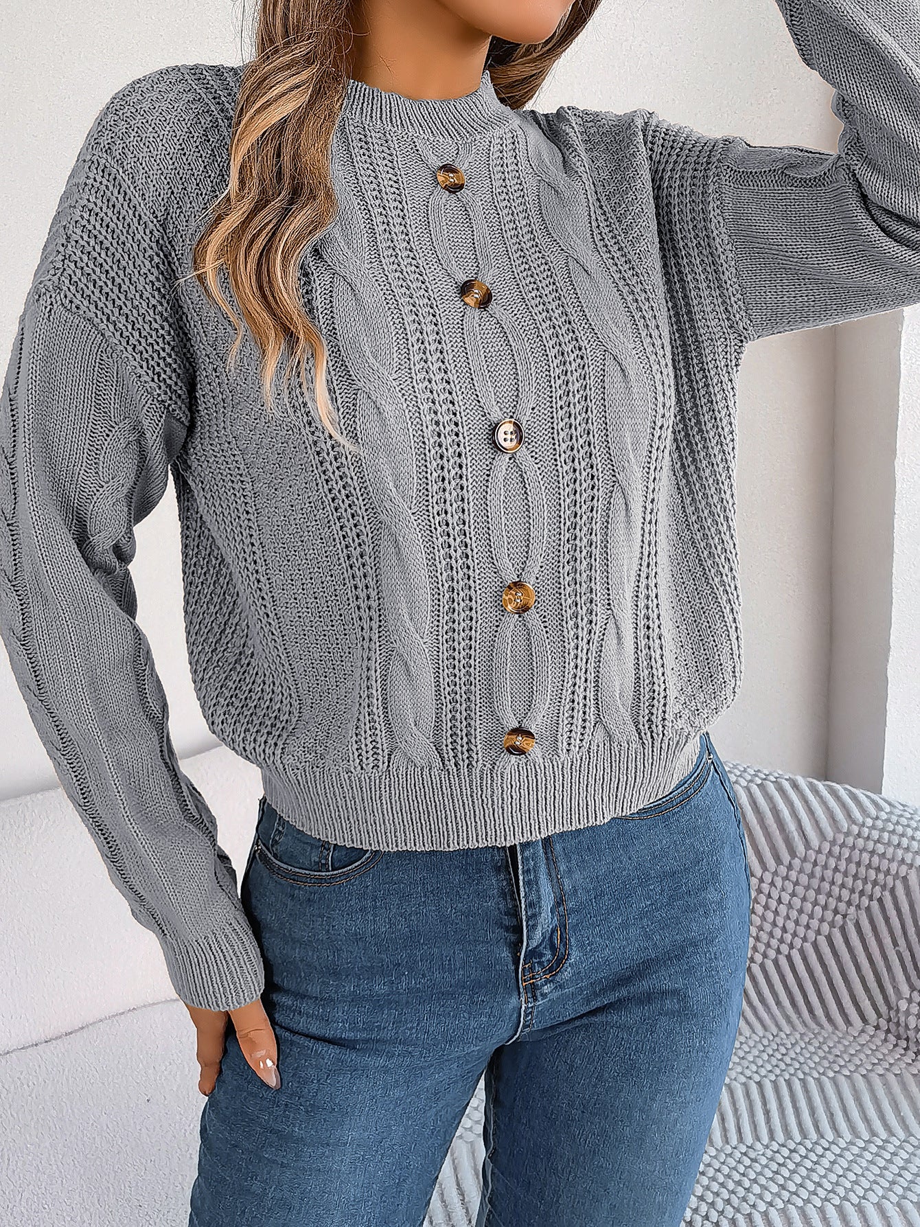 Women Casual Solid Button Long Sleeve Sweater 4