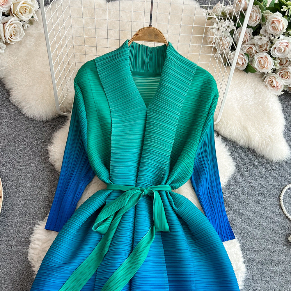 Women Pleated Long Sleeve Turndown Collar Lace-up Gradient Dress 9