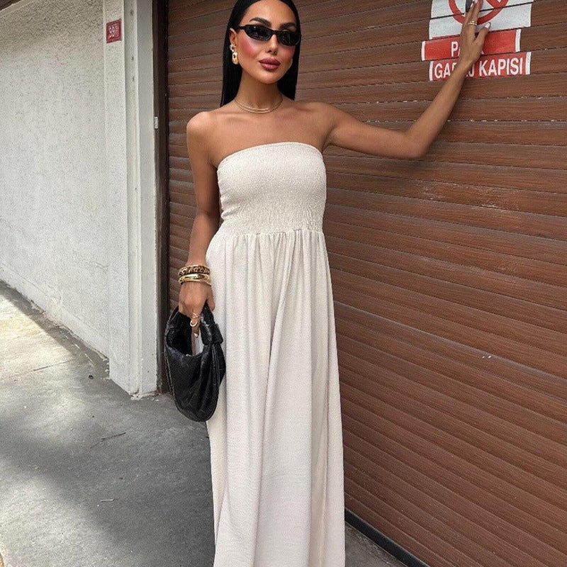 Women's Summer Solid Color Sexy Strapless Slim Waist Casual Dress 7