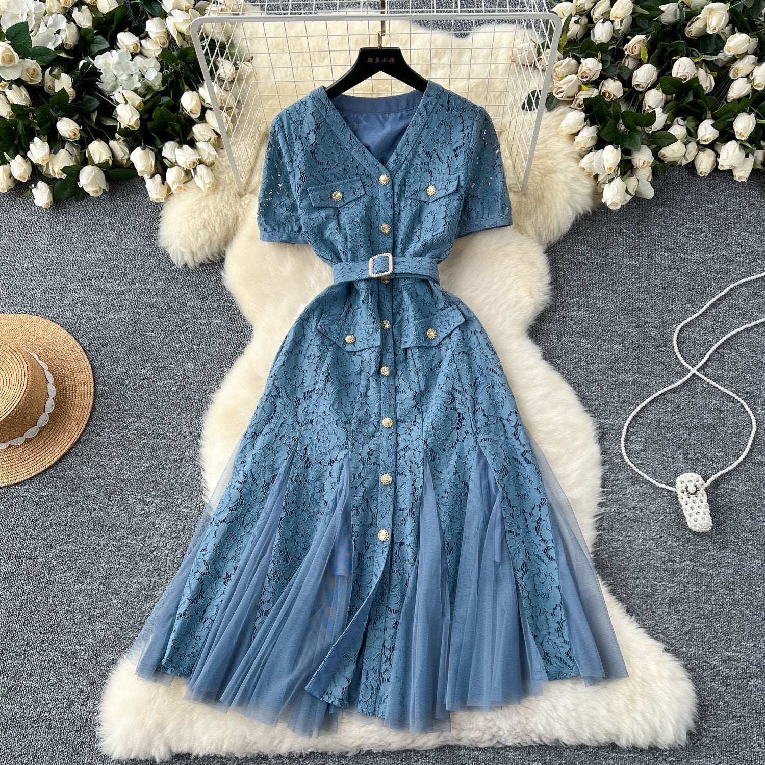 Women French V-Neck Metal Buttoned Mesh Patchwork Lace Ruffle Dress