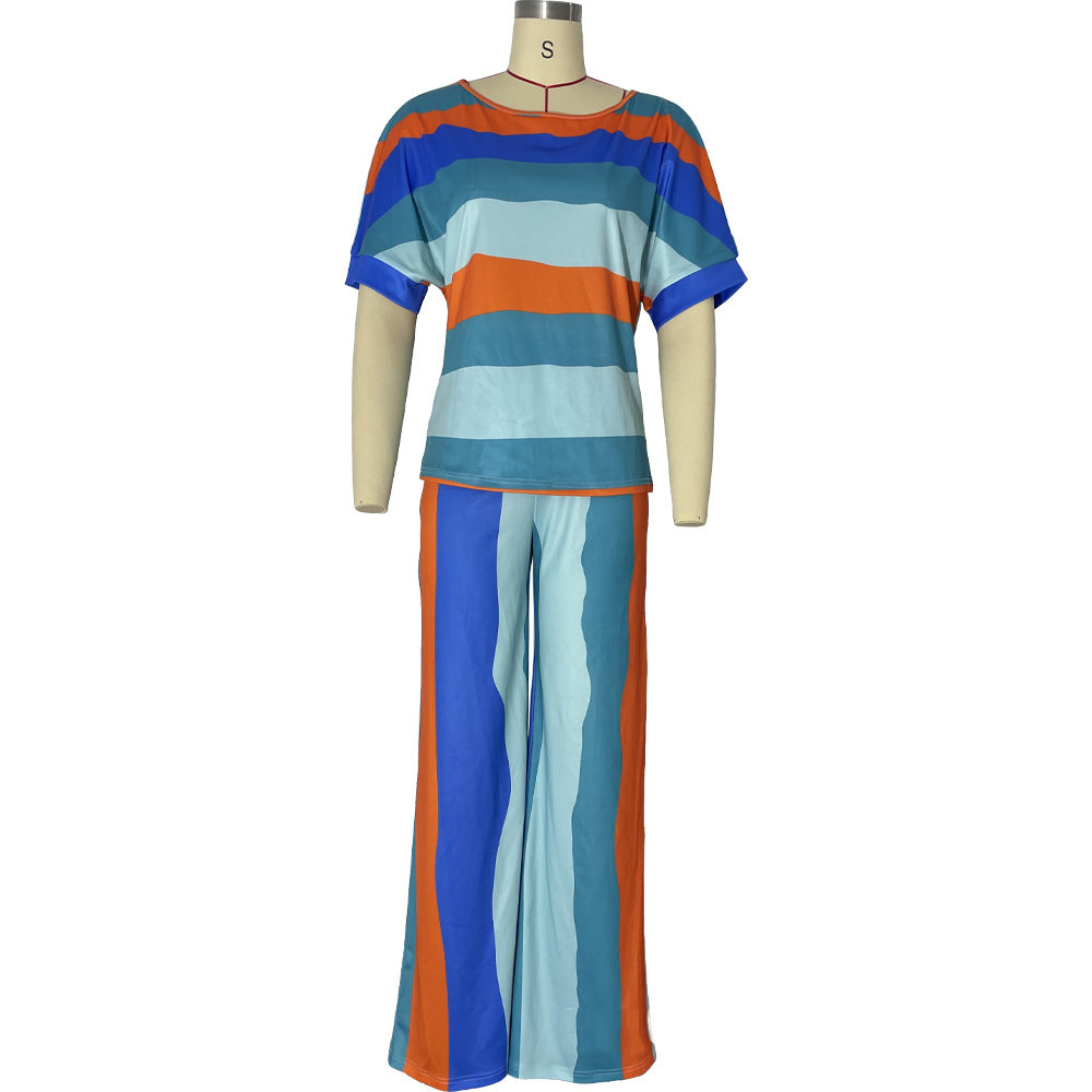 Stripe Printed Short Sleeve Loose Casual Two-Piece Pants Set 7