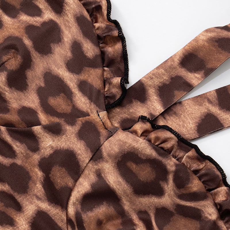 Summer Women's Sexy Low Back Halter Neck Lace-up Asymmetric Leopard Dress 21