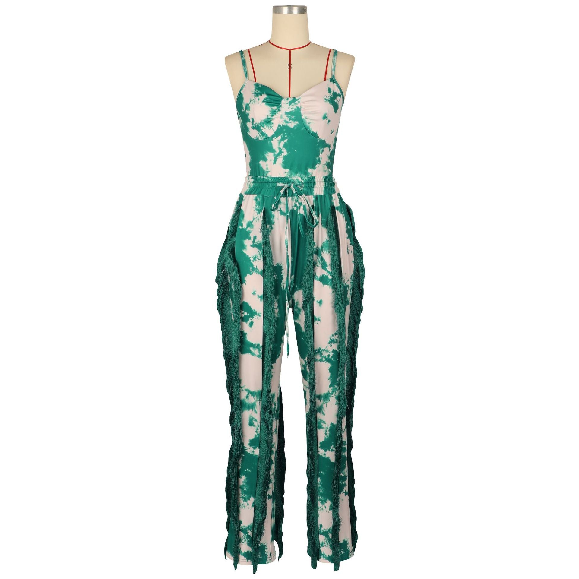 Women Summer Printed Tassel Lace Suspender Bodysuit and Pants Two-piece Set 8