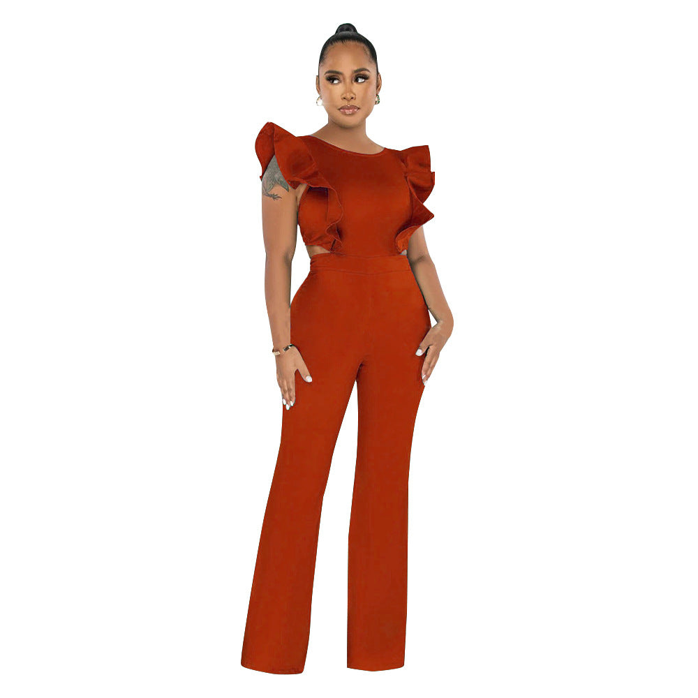 Women Summer Ruffle Round Neck Solid Jumpsuit 10