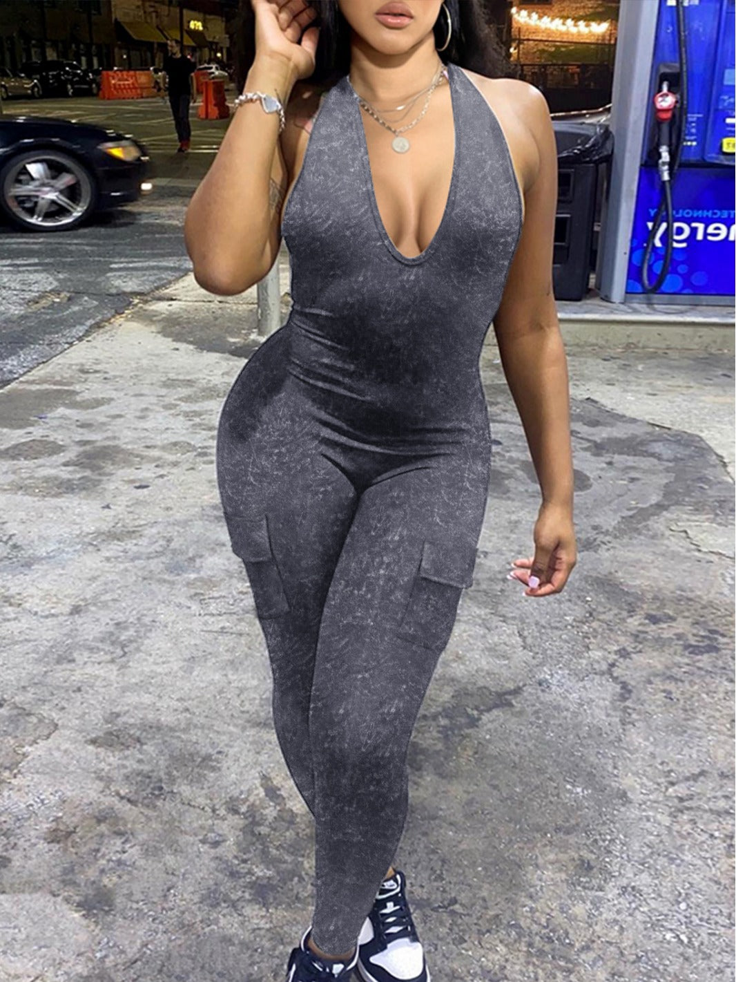 Spring Summer Women'S Sexy Low Back Halter Neck V-Neck With Pockets Butt Lift Sports Jumpsuit 6