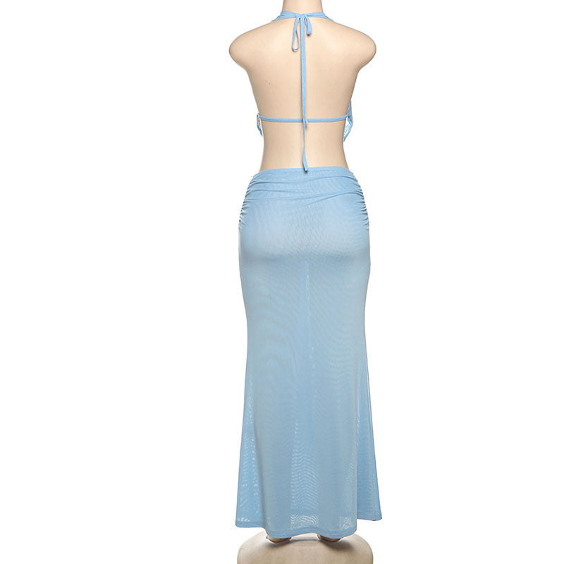 Women summer solid mesh see-through backless halter neck top and skirt 6