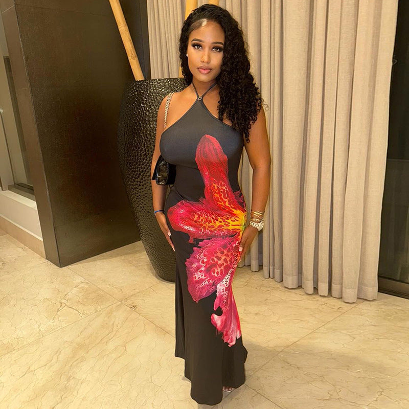 Women Floral Print Halter Neck Lace Sleeveless Bcakless Maxi Dress 18