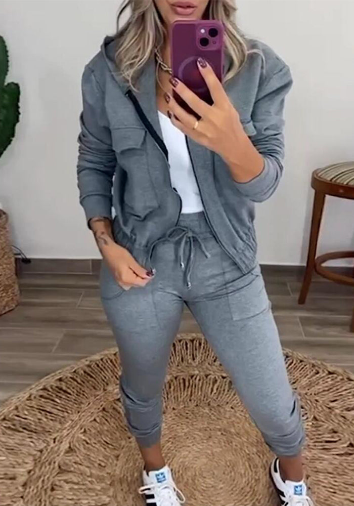 Women Solid Zipper Top+Pant Two Piece Set